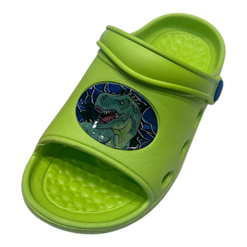 Ciabattina per bambino tipo Crocs a punta aperta con dinosauro verde – Alek Moda Silver