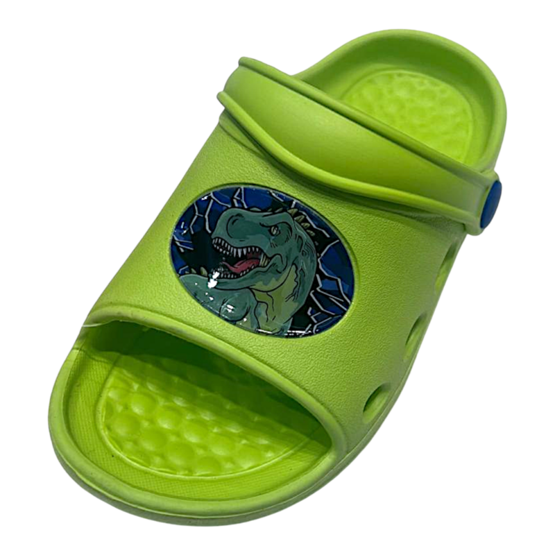 Ciabattina per bambino tipo Crocs a punta aperta con dinosauro verde – Alek Moda Silver 1 Ciabattina per bambino tipo Crocs a punta aperta con dinosauro verde – Alek Moda Silver
