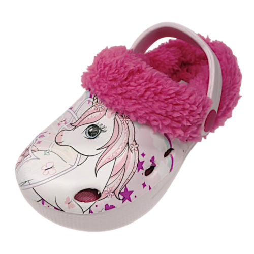 Ciabattina rosa imbottita per bambina tipo Crocs con unicorno – Alek Moda Silver