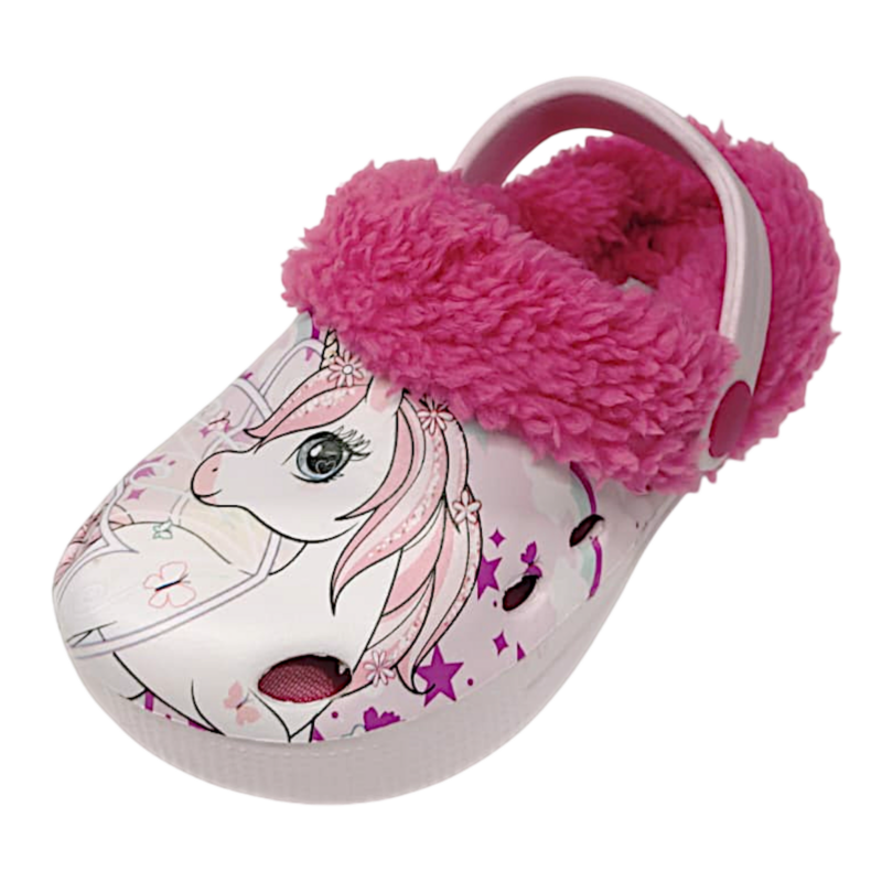 Ciabattina rosa-fucsia imbottita per bambina tipo Crocs con unicorno – Alek Moda Silver 1 Ciabattina rosa imbottita per bambina tipo Crocs con unicorno – Alek Moda Silver