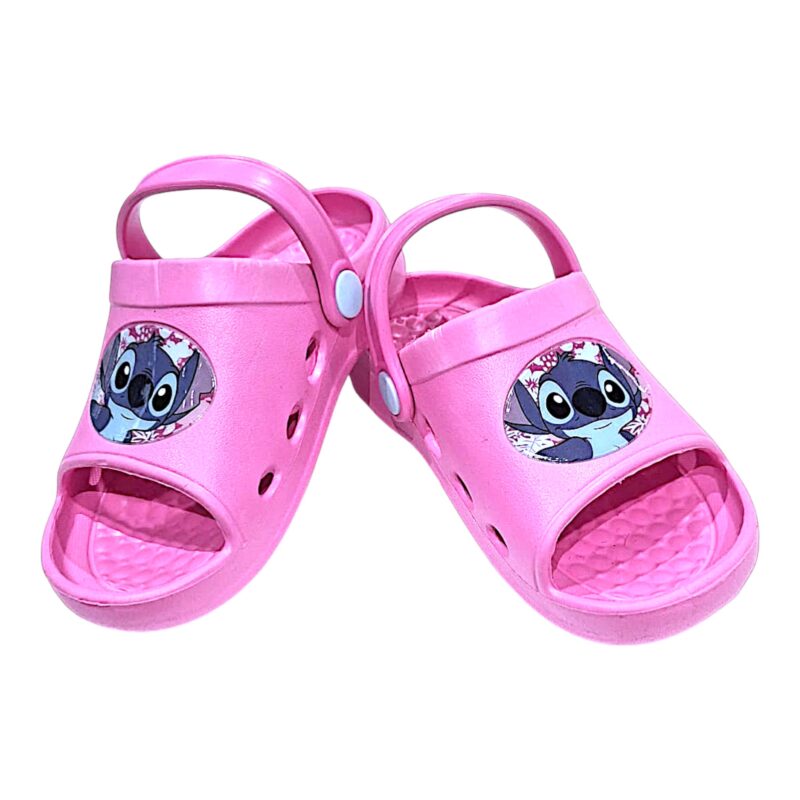 Ciabattina rosa modello crocs per bambina a punta aperta con Stitch e fascetta posteriore – Alek Moda Silver 1 Ciabattina rosa tipo Crocs per bambina a punta aperta Stitch – Alek Moda Silver
