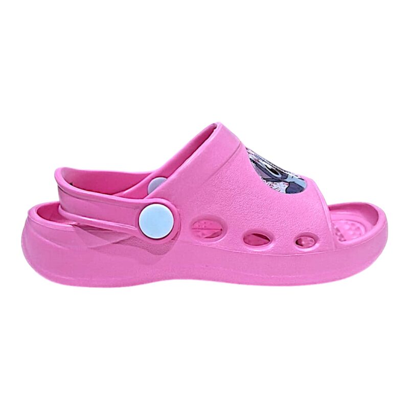 Ciabattina rosa modello crocs per bambina a punta aperta con Stitch e fascetta posteriore – Alek Moda Silver 2 Ciabattina rosa tipo Crocs per bambina a punta aperta Stitch – Alek Moda Silver