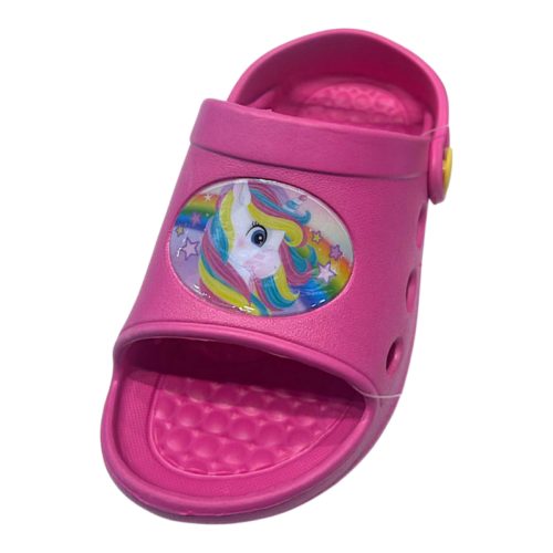 Ciabattina-sandalo fucsia per bambina tipo Crocs a punta aperta con unicorno – Alek Moda Silver 24 Ciabattina-sandalo tipo Crocs a punta aperta fucsia per bambina con unicorno – Alek Moda Silver