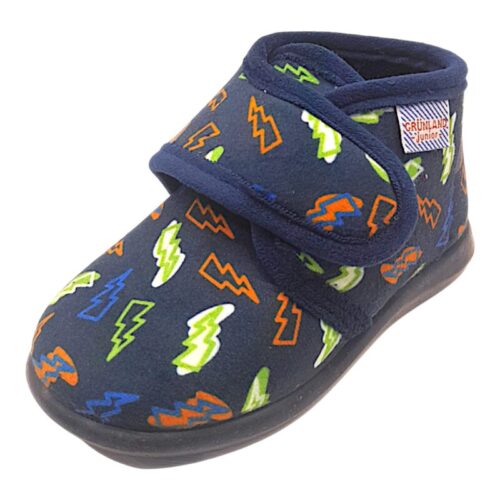 Pantofola a scarpina blu-multicolor per bambino primi passi in tessuto con fulmini e apertura a strappo – Grünland