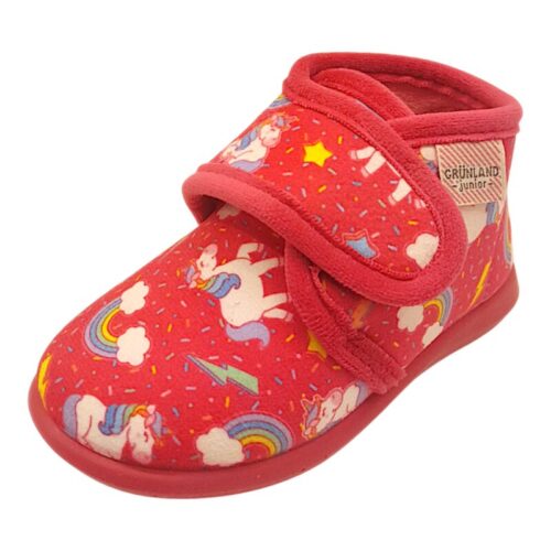 Pantofola a scarpina rosa-fucsia per bambina primi passi con unicorni, arcobaleni e apertura a strappo – Grünland