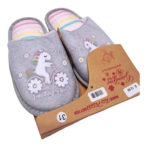 Pantofole ciabatte soft grigie per bambina con unicorno in bicicletta Giardino dOro