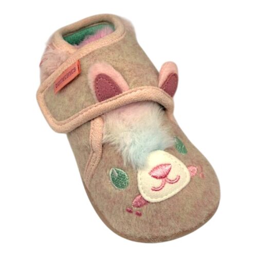 Pantofole invernali primi passi rosa chiaro per bambina con orsetto, dettagli tiffany-rosa-celeste e chiusura a strappo - Biomecanics