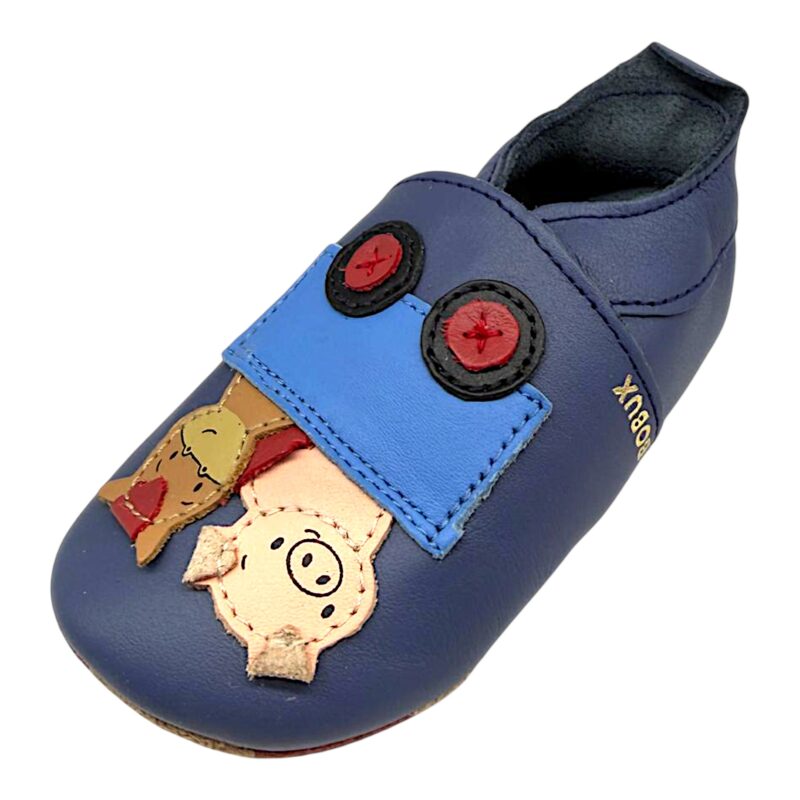Pantofoline Soft Sole in pelle blu-multicolor per bambino primi passi e patch con trattore e animali della fattoria - Bobux 1 Pantofoline Soft Sole in pelle blu multicolor per bambino primi passi e patch con trattore e animali della fattoria - Bobux