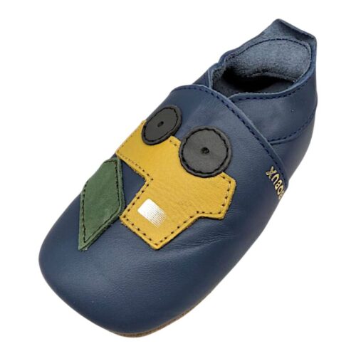 Pantofoline Soft Sole in pelle blu per bambino primi passi e patch con camion ribaltabile - Bobux 11 Pantofoline Soft Sole in pelle blu per bambino primi passi e patch con camion ribaltabile - Bobux