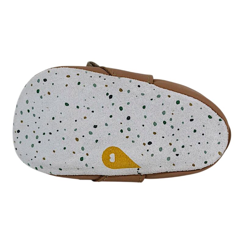 Pantofoline unisex primi passi Soft Sole in pelle cuoio-marrone caramello e patch con cagnolino - Bobux 2 Pantofoline Soft Sole in pelle color marrone caramello per bambini primi passi e patch con cagnolino - Bobux