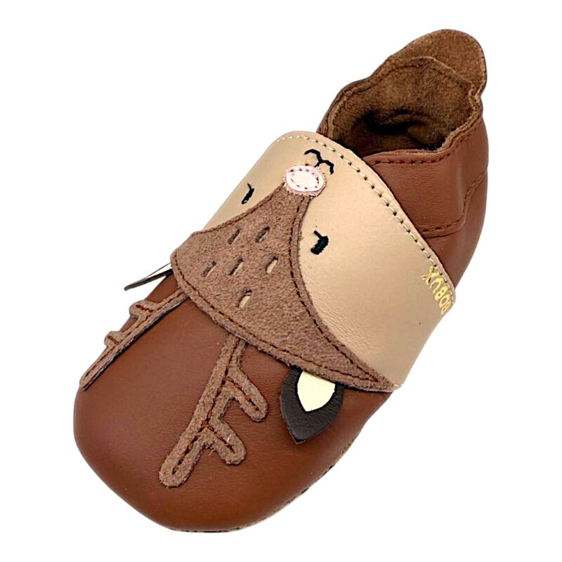 Pantofoline Soft Sole in pelle cuoio-marrone-beige unisex primi passi e patch con cerbiatto - Bobux 1 Pantofoline Soft Sole in pelle marrone e beige unisex primi passi e patch con cerbiatto - Bobux