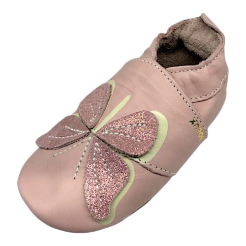 Pantofoline Soft Sole in pelle rosa antico per bambina primi passi e patch con farfalla glitter - Bobux 13 Pantofoline Soft Sole in pelle rosa antico per bambina primi passi e patch con farfalla glitter - Bobux