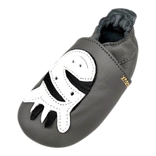 Pantofoline Soft Sole in pelle grigia per bambino primi passi e patch con musetto zebra - Bobux 7 Pantofoline in pelle grigie soft sole baby per bambino con musetto zebra grigio - Bobux