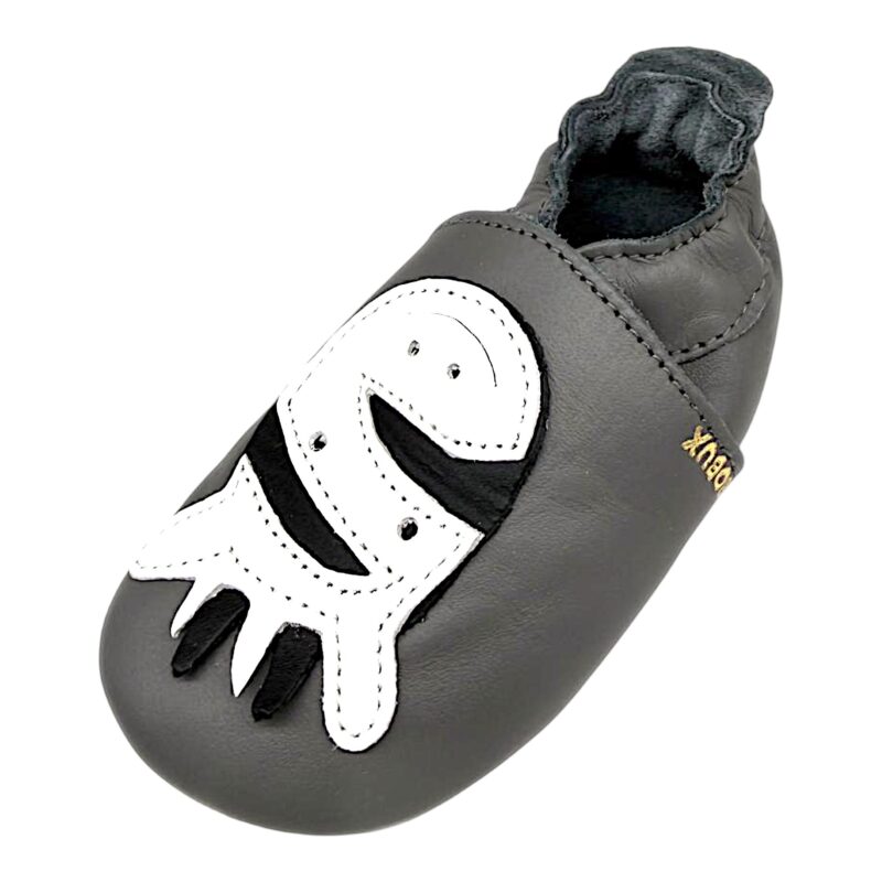 Pantofoline Soft Sole in pelle grigia per bambino primi passi e patch con musetto zebra - Bobux 1 Pantofoline in pelle grigie soft sole baby per bambino con musetto zebra grigio - Bobux