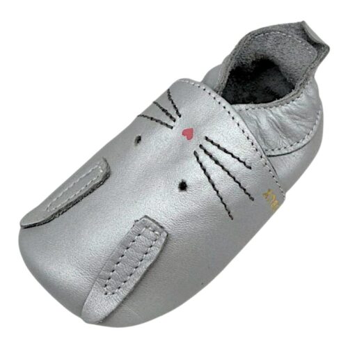 Pantofoline soft sole primi passi in pelle argento metallizzato per bambina con coniglietto ed elastico - Bobux 1 Pantofoline soft sole primi passi in pelle argento metallizzato per bambina con coniglietto ed elastico - Bobux