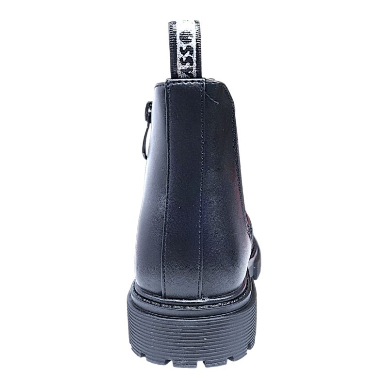 Polacchino Mulan nero per bambina con tre stelle argento, glitter laterali e lampo – Asso 4 Polacchino Mulan nero per bambina con tre stelle argento, glitter laterali e lampo – Asso