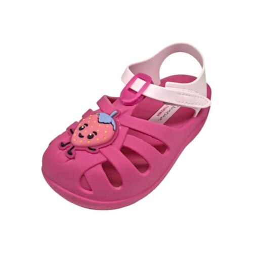 Ragnetto baby in gomma per bambina rosa con fragola decorativa e chiusura a strappo – Ipanema