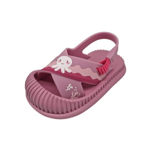 Ragnetto baby in gomma per bambina rosa-fucsia con fascia incrociata, medusina, elastico posteriore e punta chiusa – Ipanema