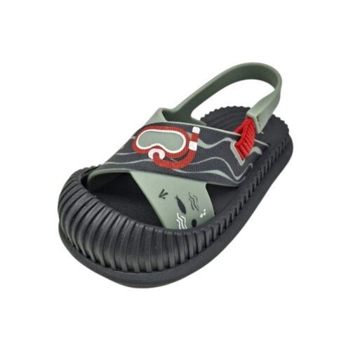 Ragnetto baby in gomma verde militare-grigio per bambino con maschera da sub, fascia incrociata, pesci, elastico posteriore e punta chiusa – Ipanema
