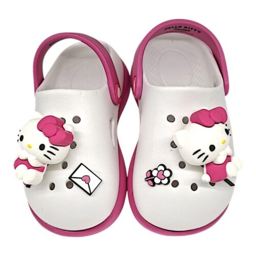 Sabot tipo crocs Hello Kitty 3D bianco-fucsia con fascia posteriore per bambina – Coriex