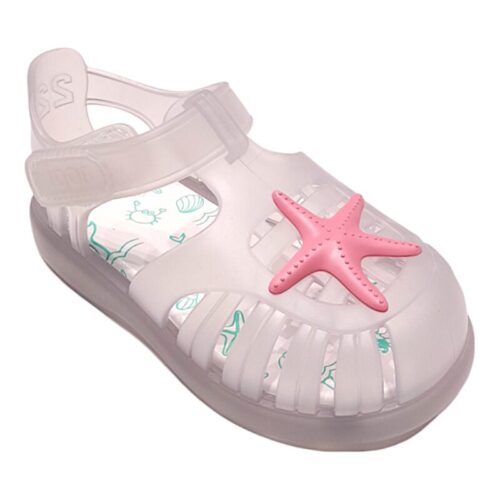 Sandali ragnetto per bambina primi passi in gomma mare bianco con stella fucsia e strappo - Igor
