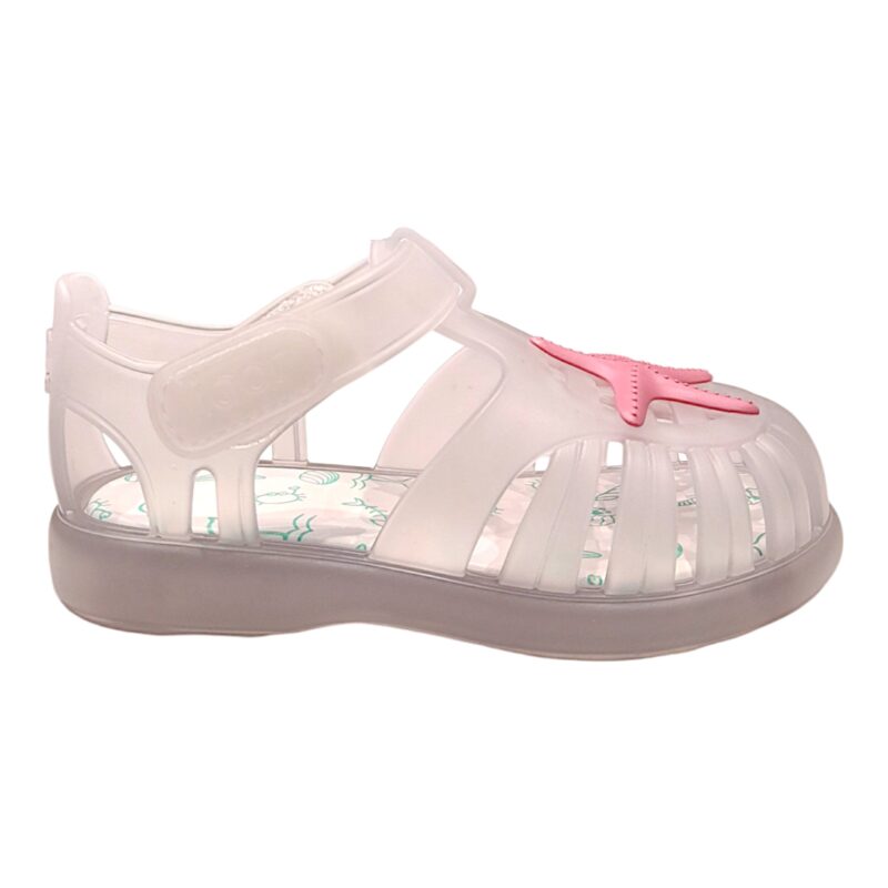 Sandali ragnetto per bambina primi passi in gomma mare bianco con stella fucsia e strappo - Igor