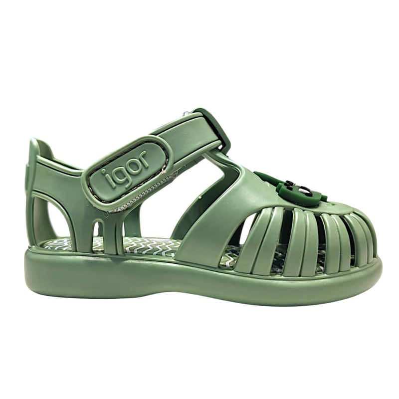 Sandali ragnetto per bambino da mare in gomma verde con coccodrillo e strappo - Igor 2 Sandali ragnetto per bambino da mare in gomma verde con coccodrillo e strappo - Igor