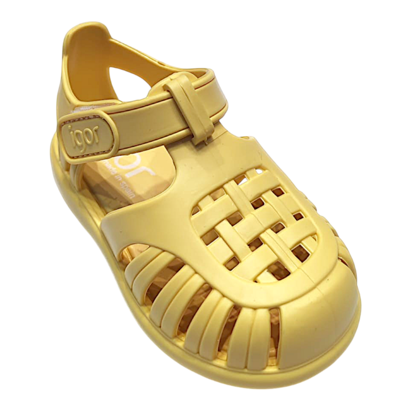 Sandali ragnetto primi passi unisex da mare in gomma giallo pastello con strappo - Igor 1 Sandali ragnetto primi passi unisex da mare in gomma giallo pastello con strappo - Igor