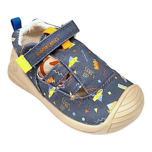 Sandali ragnetto tessuto beige-jeans con disegni multicolor e strappo – Biomecanics