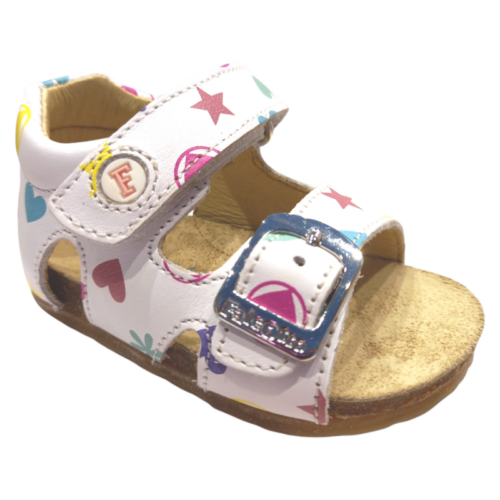 Sandalo Bea white calf con stelle e cuori multicolor con strappo e fibbia – Falcotto