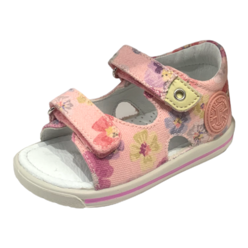 Sandalo Nemo rosa con fiori multicolor e doppio strappo – Falcotto