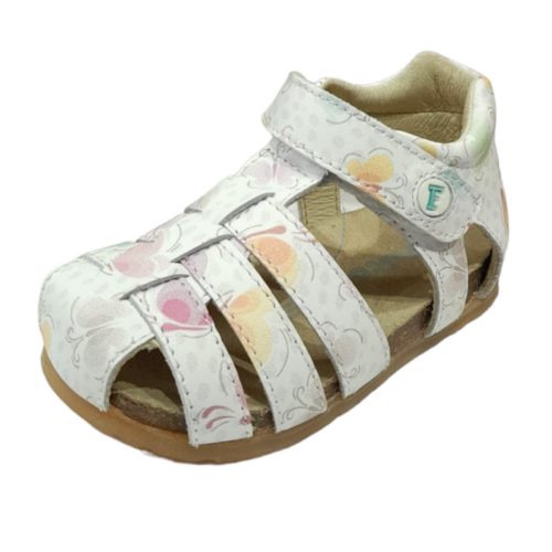 Sandalo a ragnetto Alby bianco con farfalle multicolor e apertura a strappo – FALCOTTO