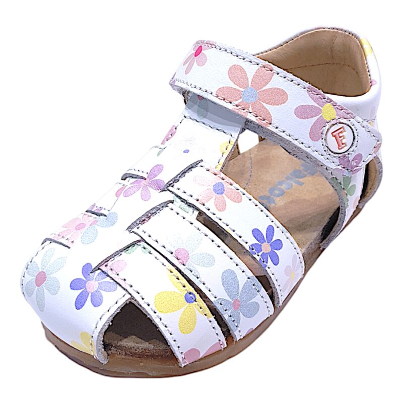 Sandalo a ragnetto bianco primi passi per bambina con fiori pastello e strappo - Falcotto