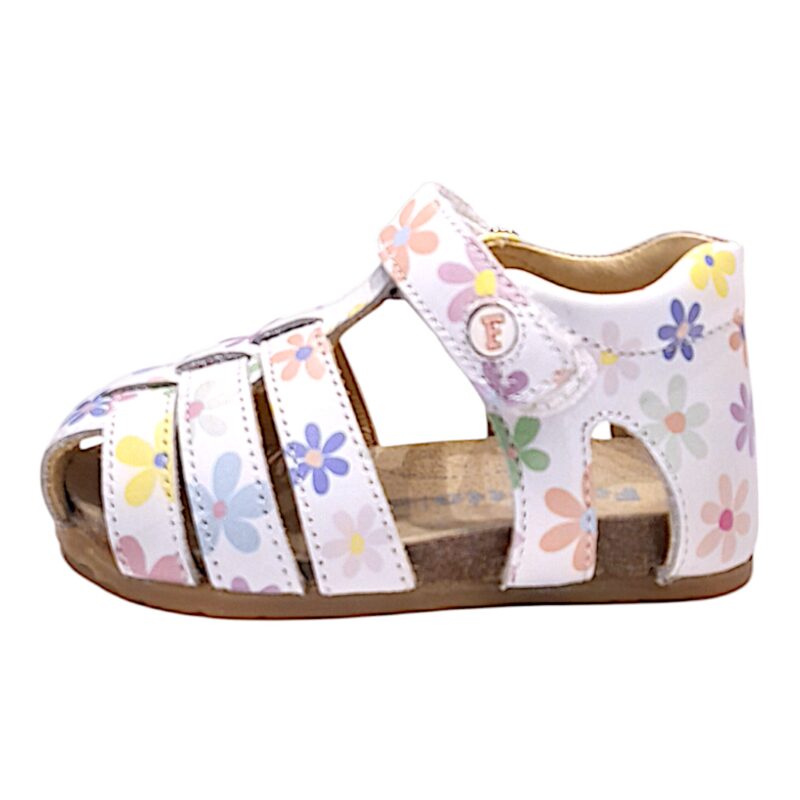 Sandalo a ragnetto bianco primi passi per bambina con fiori pastello e strappo - Falcotto