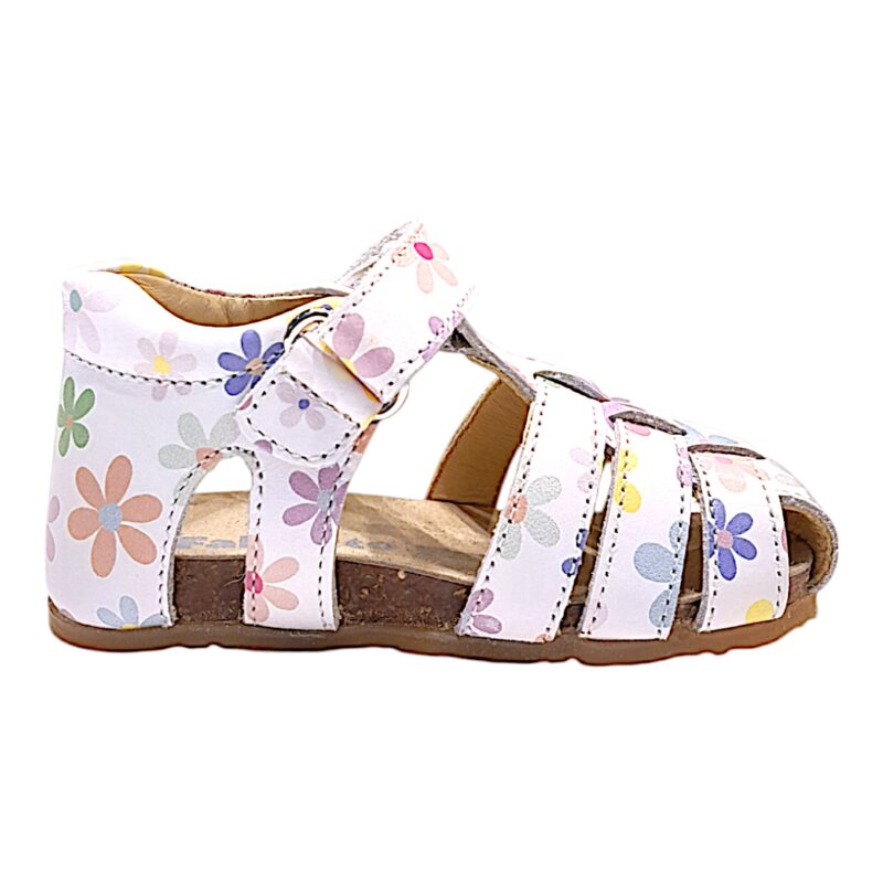 Sandalo a ragnetto bianco primi passi per bambina con fiori pastello e strappo - Falcotto