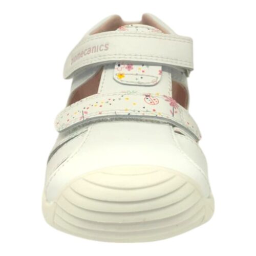 Sandalo a ragnetto bimba bianco con stampe fiori, farfalle rosa e doppio strappo - Biomecanics