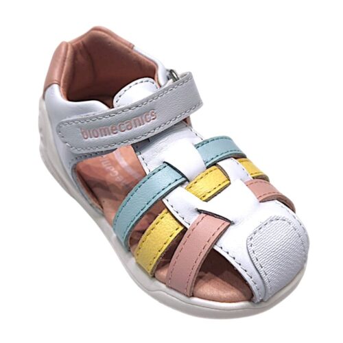 Sandalo a ragnetto per bambina primi passi in pelle bianco-multicolor pastello e chiusura a strappo – Biomecanics