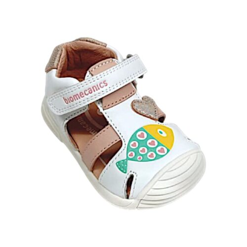 Sandalo a ragnetto per bambina primi passi in pelle bianco-rosa con pesciolino e cuoricini – Biomecanics