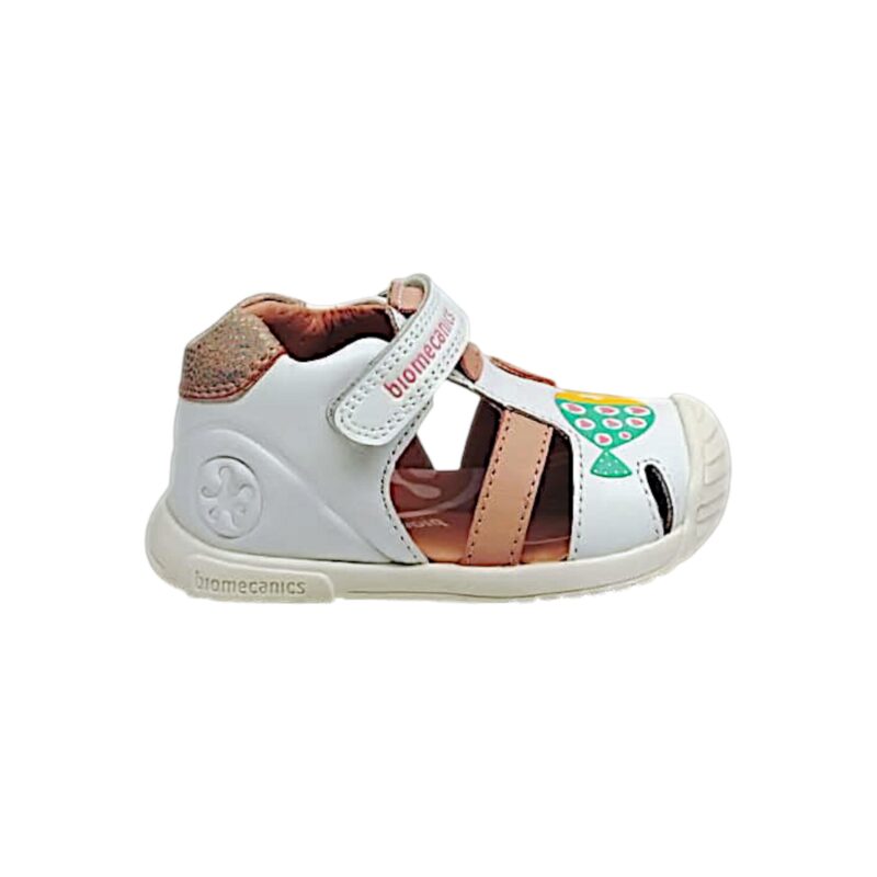 Sandalo a ragnetto per bambina primi passi in pelle bianco-rosa con pesciolino e cuoricini – Biomecanics 2 Sandalo a ragnetto per bambina primi passi in pelle bianco-rosa con pesciolino e cuoricini – Biomecanics