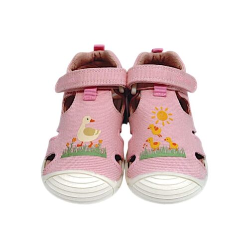 Sandalo a ragnetto per bambina primi passi in tessuto rosa con mamma papera, paperelle e strappo – Biomecanics