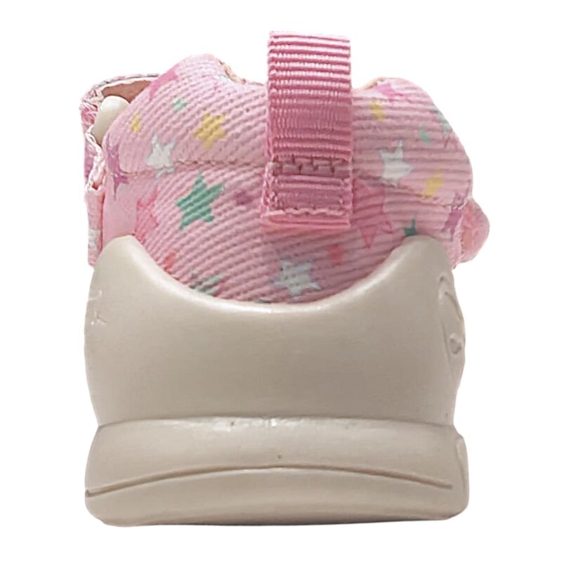 Sandalo a ragnetto per bambina primi passi in tessuto rosa con stelle multicolor e strappo – Biomecanics 4 Sandalo a ragnetto per bambina primi passi in tessuto rosa con stelle multicolor e strappo – Biomecanics