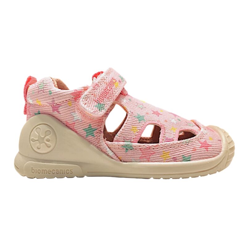 Sandalo a ragnetto per bambina primi passi in tessuto rosa con stelle multicolor e strappo – Biomecanics 2 Sandalo a ragnetto per bambina primi passi in tessuto rosa con stelle multicolor e strappo – Biomecanics