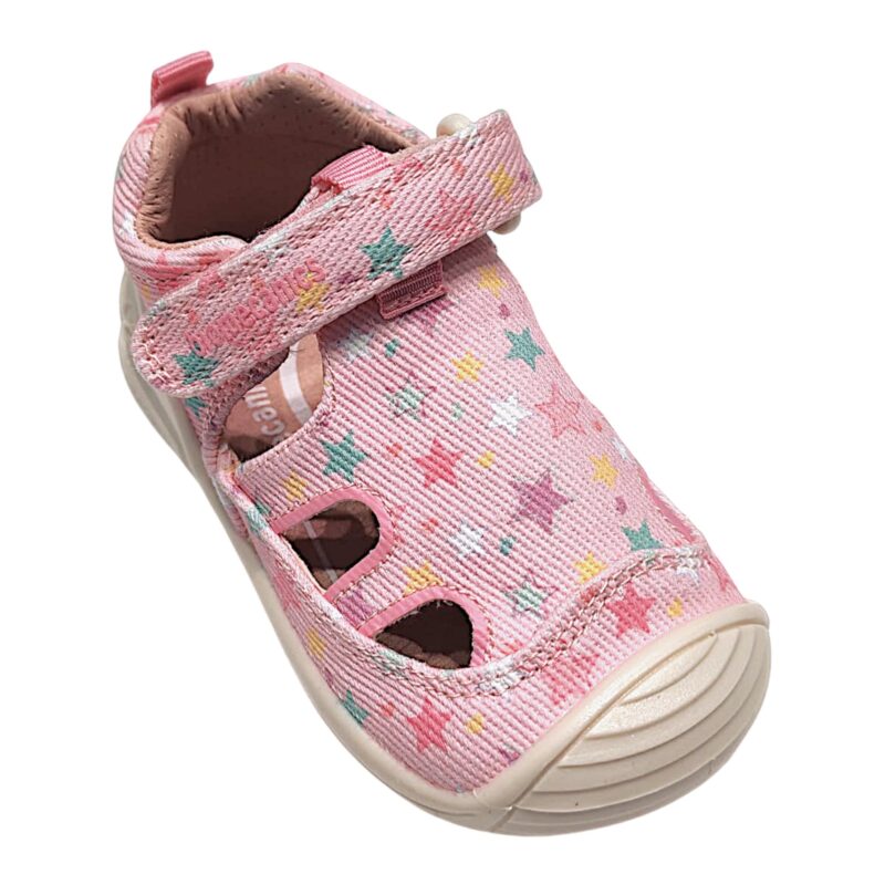Sandalo a ragnetto per bambina primi passi in tessuto rosa con stelle multicolor e strappo – Biomecanics 1 Sandalo a ragnetto per bambina primi passi in tessuto rosa con stelle multicolor e strappo – Biomecanics