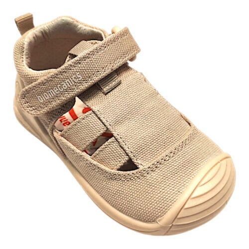 Sandalo a ragnetto per bambino primi passi in tessuto beige chiaro con strappo – Biomecanics