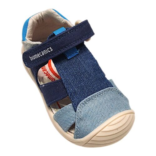 Sandalo a ragnetto per bambino primi passi in tessuto jeans chiaro e scuro con strappo – Biomecanics