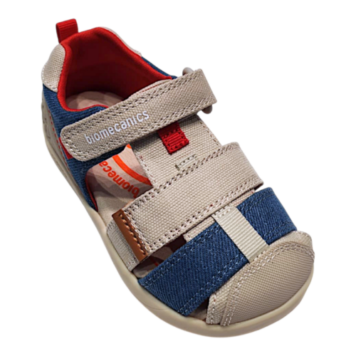 Sandalo a ragnetto primi passi in tessuto beige-jeans per bambino con strappo – Biomecanics