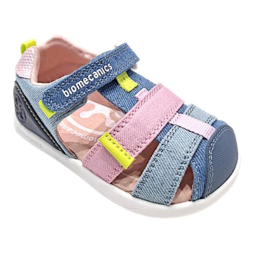 Sandalo a ragnetto primi passi in tessuto jeans-rosa per bambina con strappo – Biomecanics