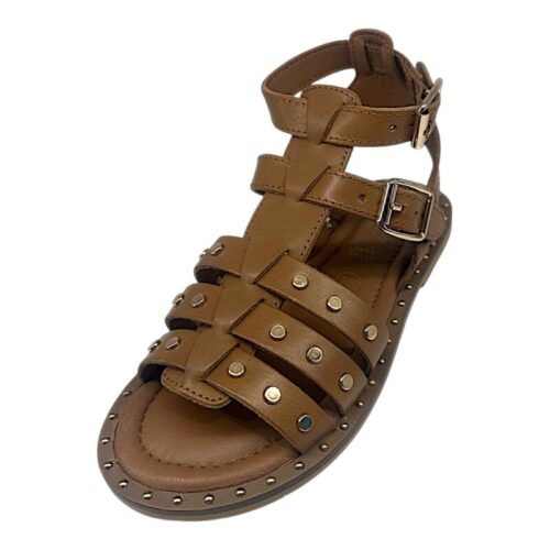 Sandalo antica romana color cuoio per bambina con borchie e fibbie dorate – Grünland