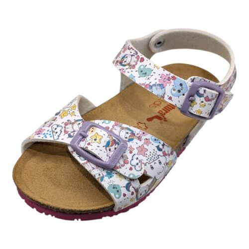 Sandalo bambina bianco con unicorni, cuoricini e stelline multicolor