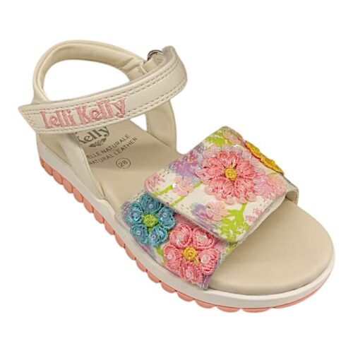 Sandalo bambina bianco-multicolor Eloise con strappo, fascia a strappo e fiori ricamati - Lelli Kelly